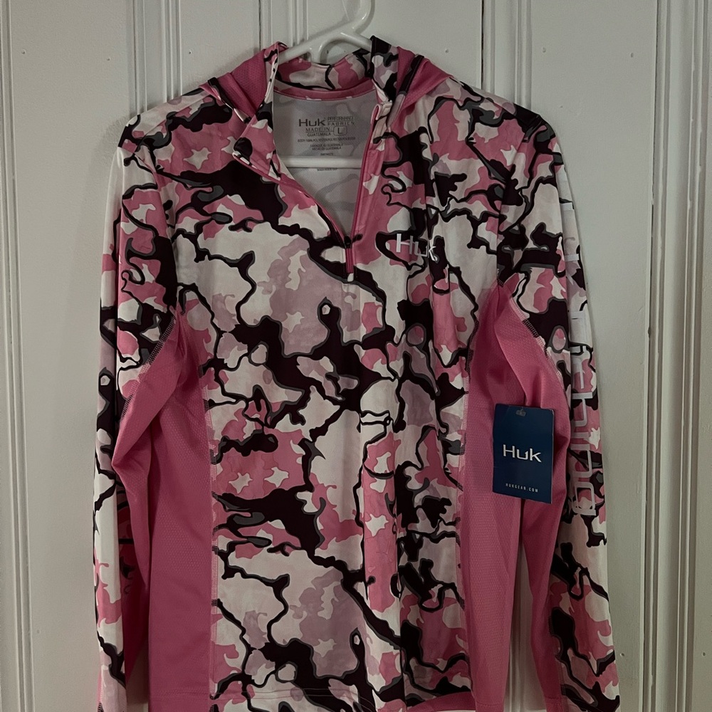 Huk Women's Pink and Black Camo Quarter Zip Jacket